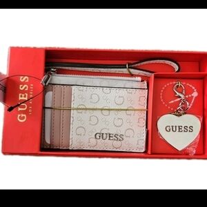 Guess Faux Leather Card Holder Wallet and Keychain Travel Gift Set
